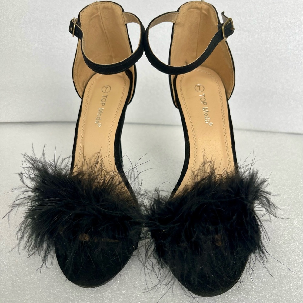 TOP Moda Black Feathered Heeled Sandals Size 7